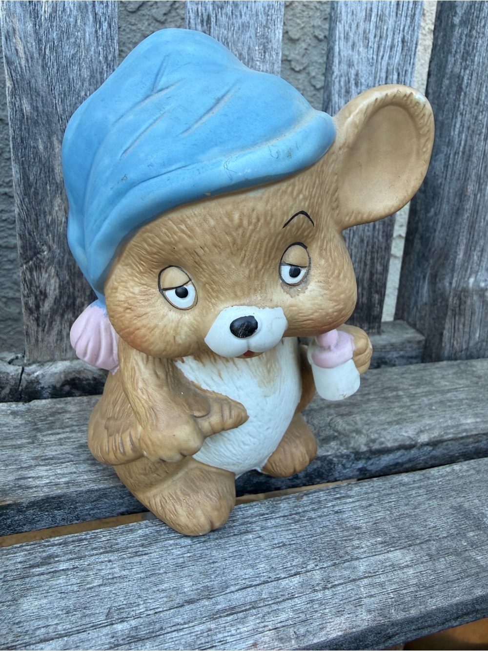 Vintage Brown Bear Figurine with Blue Hat and Pink Bottle - Home Accents